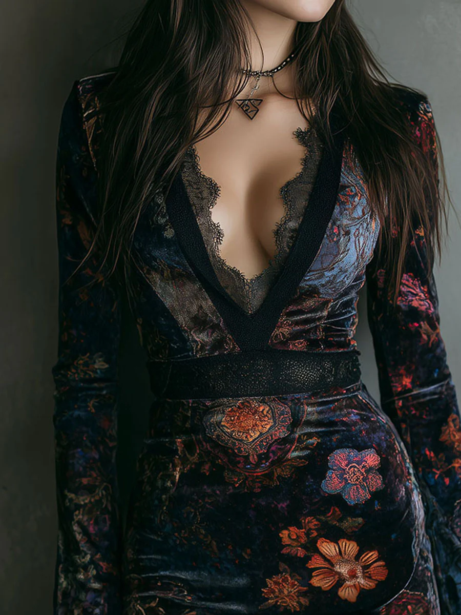 Selena™ | Vestido floral de terciopelo con encaje